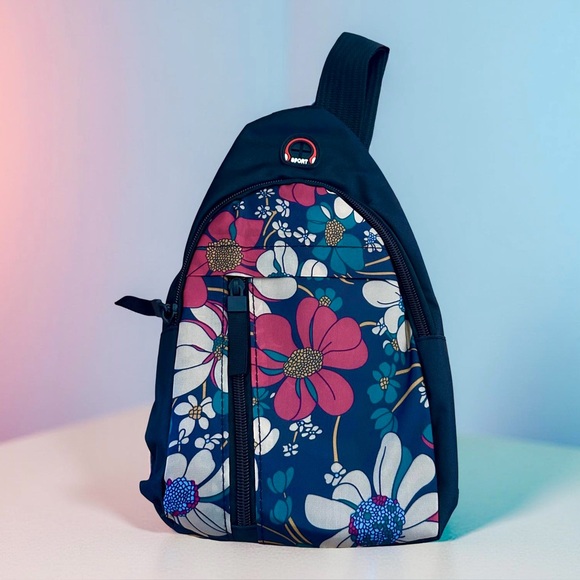 Handbags - Floral Crossbody Chest Bag - Navy Blue Pink Teal Beige Black & Orange Colors